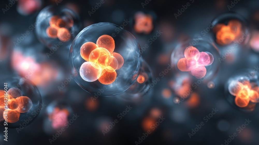 Poster colorful spherical particles float against a dark background, representing atomic structures and int