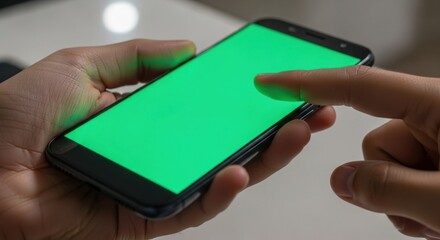 Close-up of a hand holding a smartphone with a bright green screen, finger touching the display.
