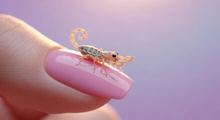 Tiny Scorpion Perched Gracefully on a Person's Pink Fingernail Against a Soft Purple Background