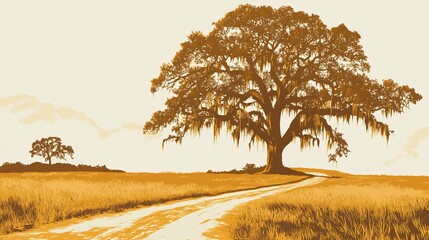 A sepia-toned landscape featuring a winding dirt path leading toward a large, majestic tree adorned with Spanish moss. A smaller tree is in the distance