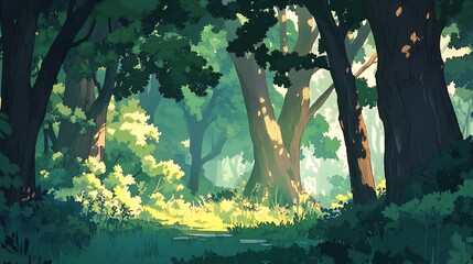 Lush cartoon forest scene with dappled sunlight piercing the trees, a trail leads into the bright center