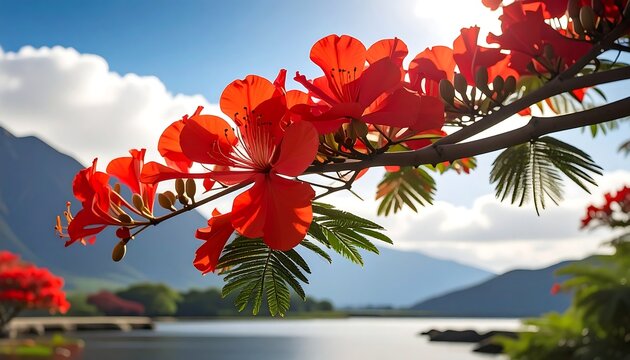 Vibrant red flowers bloom on a branch, bathed in sunlight, showcasing a tranquil lake and mountains in the background.
