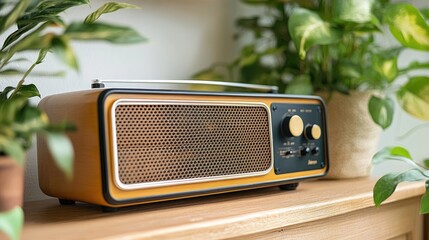 Retro Style Radio Receiver on a Wooden Table surrounded by Green Potted Plants with an Antique and Classic Design