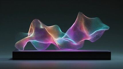 An iridescent, flowing, wireframe-like form, resembling a translucent fabric, is illuminated from below and rests on a dark rectangular base against a muted background
