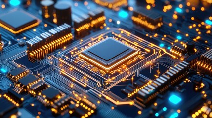 Obraz premium Illuminated Circuit Board Close Up with Complex Wiring and Chip System Representing Modern Technology and High Tech Engineering in Dark Blue Background