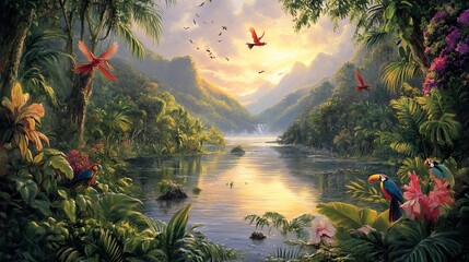 A vibrant landscape features a tranquil lake mirroring verdant hills. Colorful birds soar & perch amidst lush flora. Dawn illuminates the vista