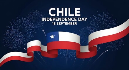 Chile Independence Day Celebration with Flag and Fireworks on Dark Blue Background