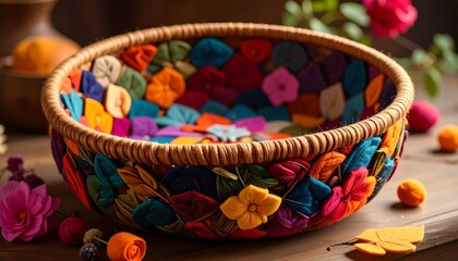 A vibrant, handcrafted bowl, adorned with colorful, intricately designed flowers and leaves, rests on a wooden surface.
