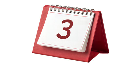 Day Three Reminder: A close-up studio shot of a vibrant red desktop calendar, prominently displaying the number three. An excellent visual aid for scheduling appointments or upcoming events.