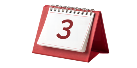 Day Three Reminder: A close-up studio shot of a vibrant red desktop calendar, prominently displaying the number three. An excellent visual aid for scheduling appointments or upcoming events.