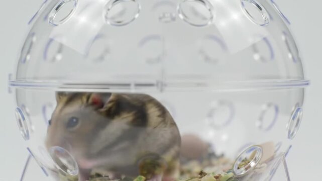 Curious Hamster in Plastic Ball Adorable Pet Inside Portable Travel Cage.
