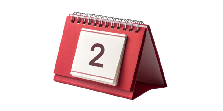 Red Desk Calendar, Day Two: A simple desk calendar showcasing the date 2, highlighting the passing of time, schedule and planning.