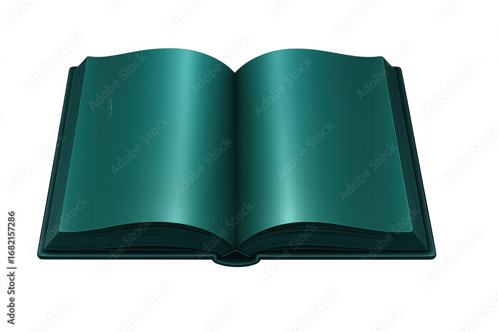 Poster open book with blank turquoise pages isolated on transparent background, perfect for showcasing your