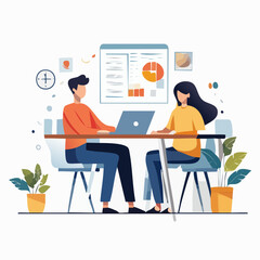 A flat-style vector illustration depicting two business professionals, a man and a woman, working together at a desk with a laptop. 