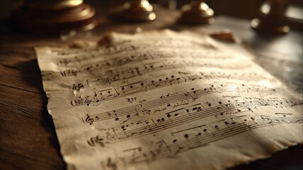 atmospheric animation of classical music notes appearing on aged brown sheet paper, warm ambient lighting, soft cinematic shadows, vintage feel