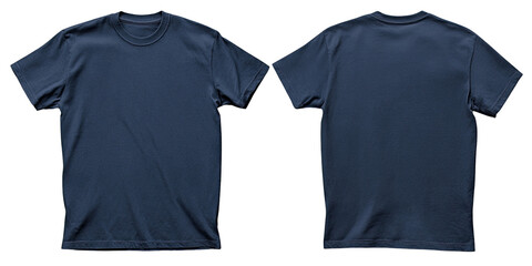 Front and back view of a navy blue blank t-shirt