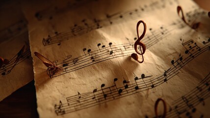 atmospheric animation of classical music notes appearing on aged brown sheet paper, warm ambient lighting, soft cinematic shadows, vintage feel