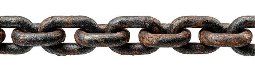 A rusty metal chain stretches across the image, showing links connected in a row