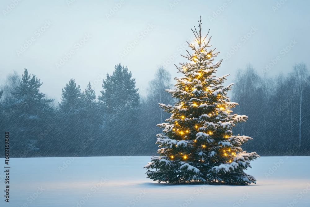 Poster a christmas tree with lights in a snowy field with a forest in the background on a foggy day scene