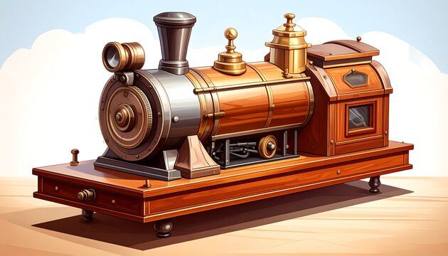 Detailed illustration of a vintage steam engine, showcasing intricate details and warm hues.