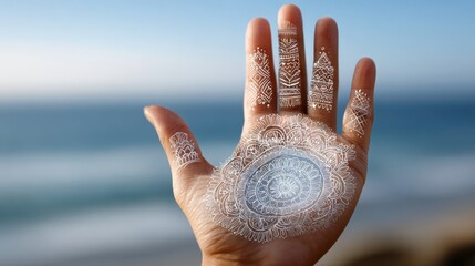 A hand showcasing a detailed henna design with intricate patterns is held up in front of a calm ocean. The sun shines brightly, highlighting the artistry.