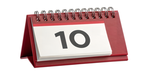 Calendar Page 10: An eye-level shot of a classic desk calendar, featuring the number 10 prominently displayed, symbolizing a specific day or date for events.