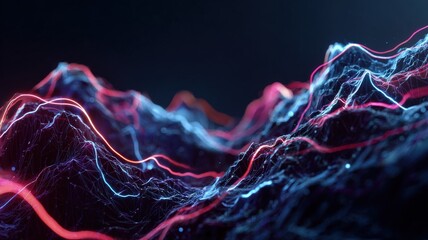 animated low poly abstract 3D terrain with flowing neon light paths, holographic communication metaphor, dynamic motion, tech cinematic