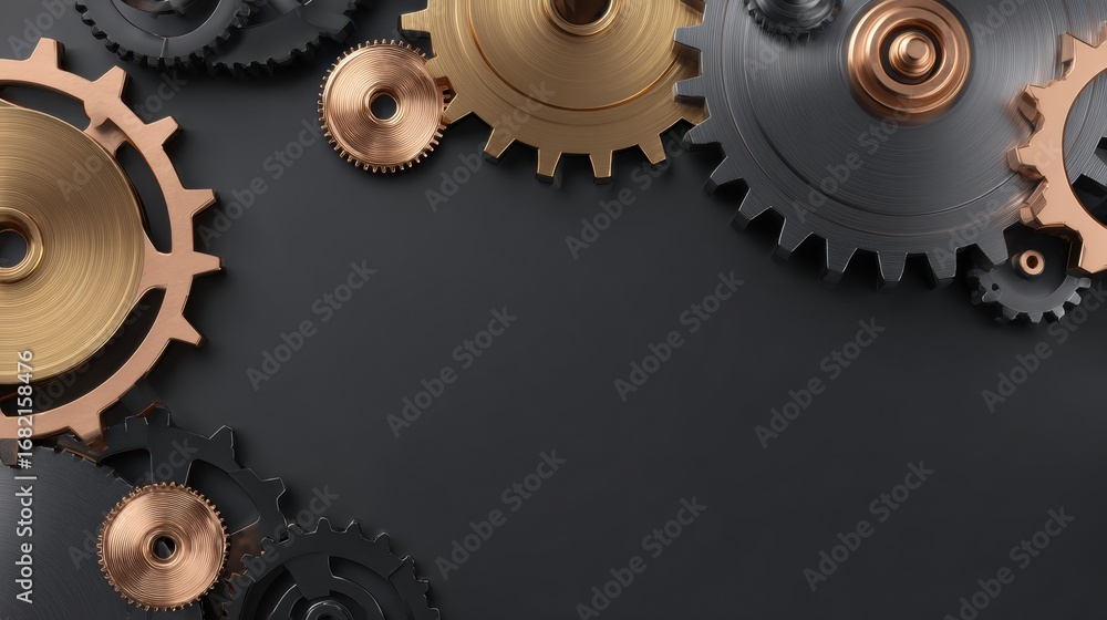 Poster a collection of metallic gears in various sizes and colors is displayed on a dark background, highli