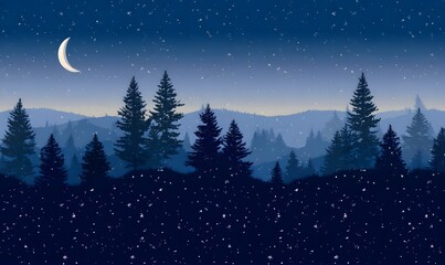 Fototapeta premium Seamless camping forest background, dark navy night sky with glowing stars and crescent moon