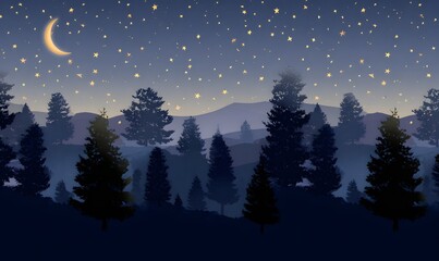 Seamless camping forest background, dark navy night sky with glowing stars and crescent moon