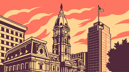 Obraz premium Philadelphia skyline vector with city hall amidst tall buildings under a cloudy sky. Suitable for urbanthemed designs and travel promotions.