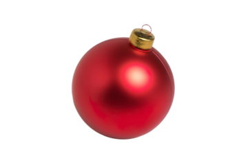 A red ornament is sitting on a white background