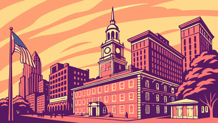 Obraz premium Philadelphia skyline vector showcasing independence hall and city architecture suitable for travel brochures, postcards, websites, and tourism promotions.