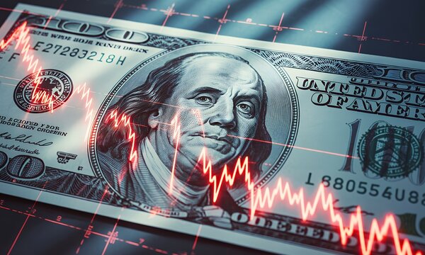 Financial Market Fluctuation, Stock Market Graph Overlay on Hundred Dollar Bill, Economic Crisis, Recession, Investment Risk, Finance 