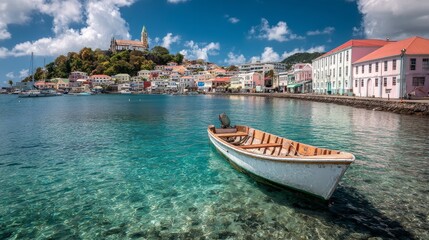 Scenic aerial view of st george&rsquo;s harbor in grenada with colorful houses, tropical hills, calm caribbean sea, and cruise destination atmosphere