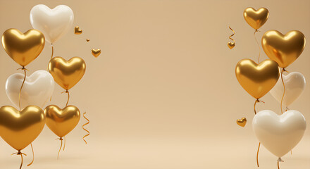 Elegant Golden and White Heart Balloons with Ribbons on Beige Background