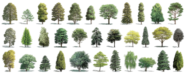 Various tree silhouettes, diverse shapes and shades of green