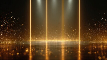 abstract stage background with gold sparkles and structured neon light walls, luxury event feel, cinematic atmosphere