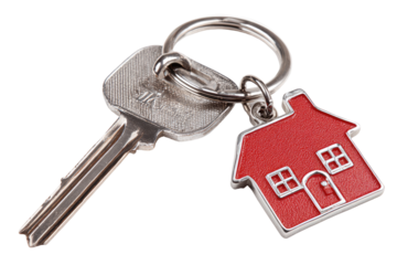 A house key, silver metal, attached to a red house charm