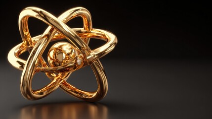 A beautiful golden atomic model sculpture sits on a dark surface, elegantly illuminated to highlight its intricate details and smooth curves.