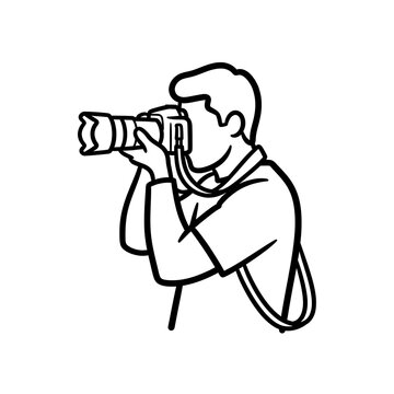 A black and white line drawing of a person holding a camera and taking a picture.