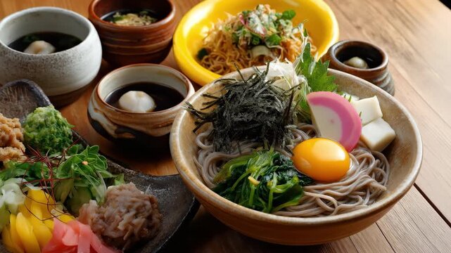 A japanese soba noodle bowl with raw egg, seaweed, fish cake, tofu, radish, and fresh vegetables served with dipping sauce, accompanied by assorted japanese side dishes and vibrant appetizing