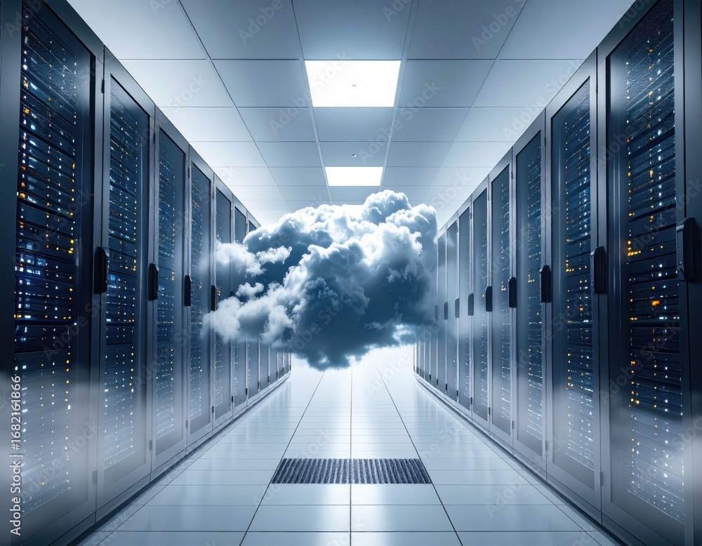 Aufkleber a futuristic data center with server racks and a cloud hovering in the aisle, symbolizing technology