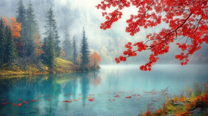 A tranquil lake reflects colorful autumn trees. Misty mountains rise in the background. Bright red foliage frames the scene