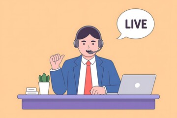 Customer service representative with headset offering live support with laptop and speech bubble