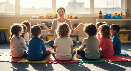 Diverse Group of Children Sitting on Colorful Mat with Teacher in Bright Classroom for an Interactive Educational Session