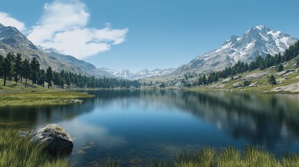 A serene alpine lake mirrors the sky and surrounding peaks, with lush greenery in the foreground. A peaceful mountain scene