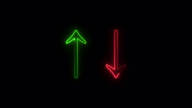 Neon green upward arrow and red downward arrow indicating positive and negative trends on black background