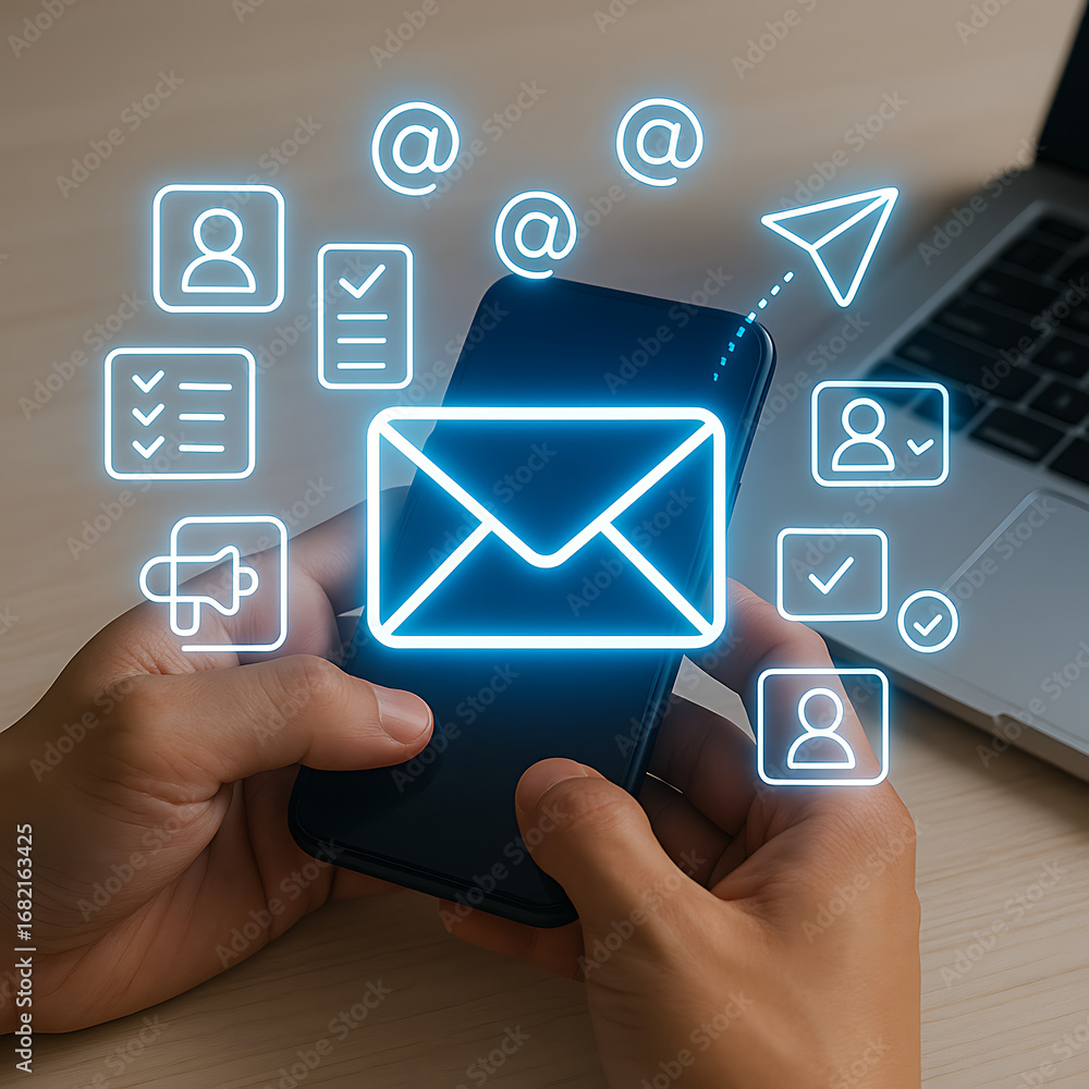 Poster a person is holding a smartphone with a glowing holographic envelope icon in the middle, surrounded 
