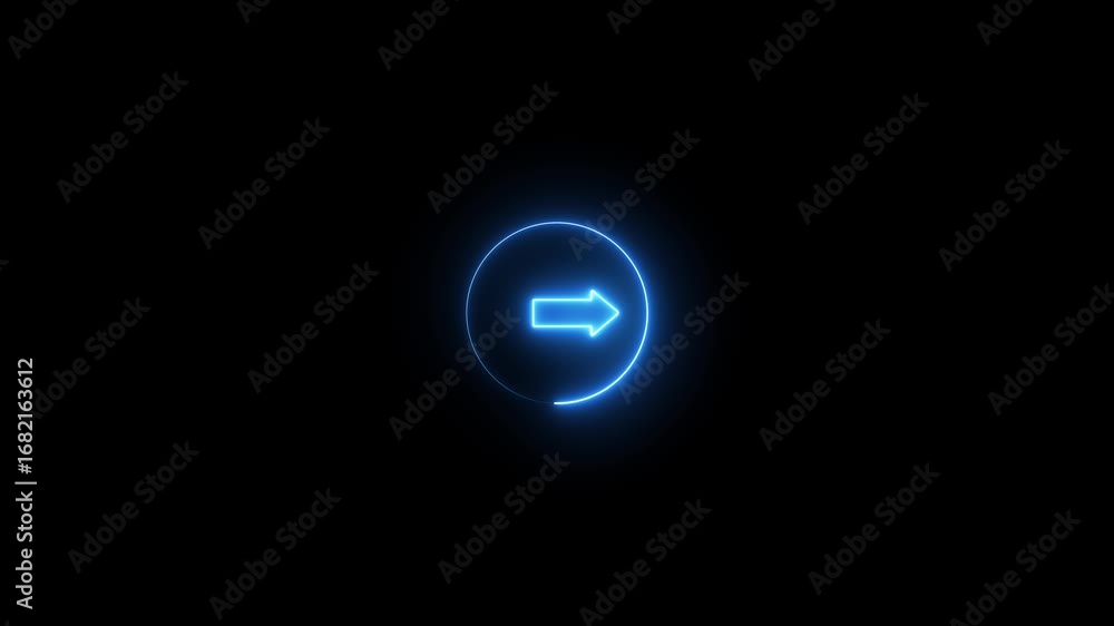Poster abstract circle neon right arrow icon animation. black background. abstract right side directional a